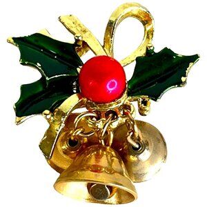 Christmas Brooch Holly Berry 3 Bells Gold Tone Green Enamel Jewelry Pin Vintage